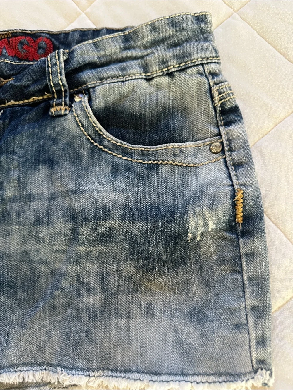 Embellished Light Wash Denim Shorts - Blue